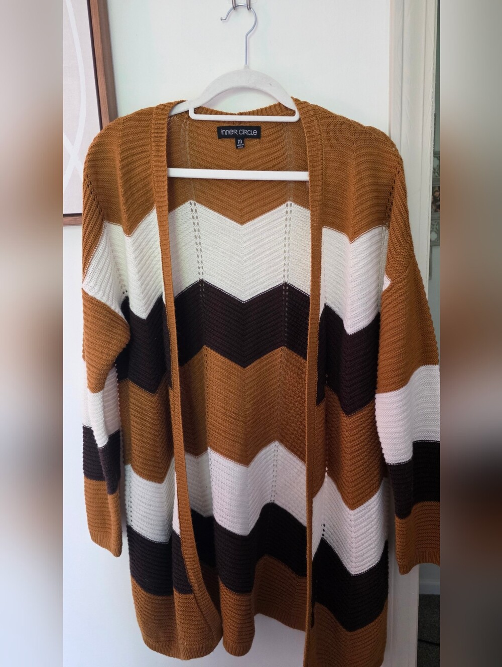 Chevron Open-Front Cardigan in Mustard/Cream/Black